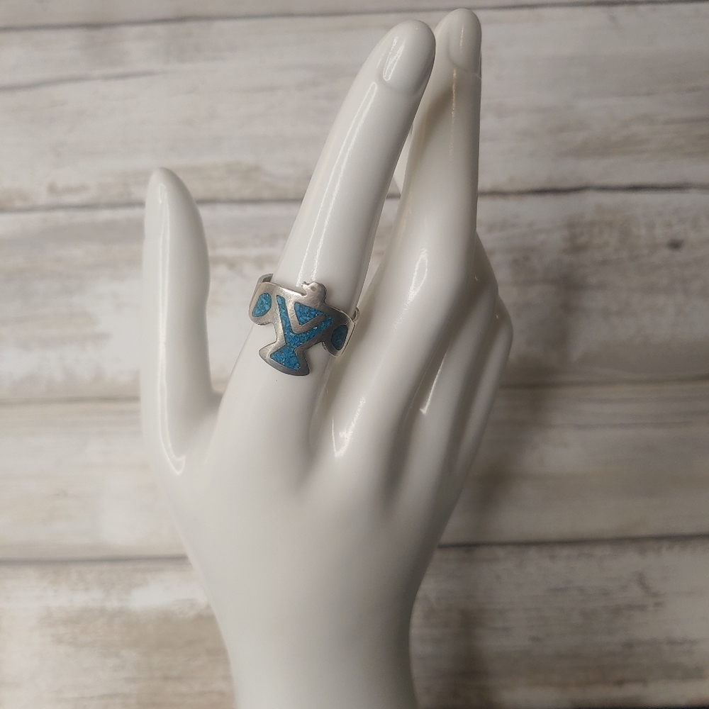 Taxco Mexico Crushed Turquoise Sterling Silver Eagle Ring